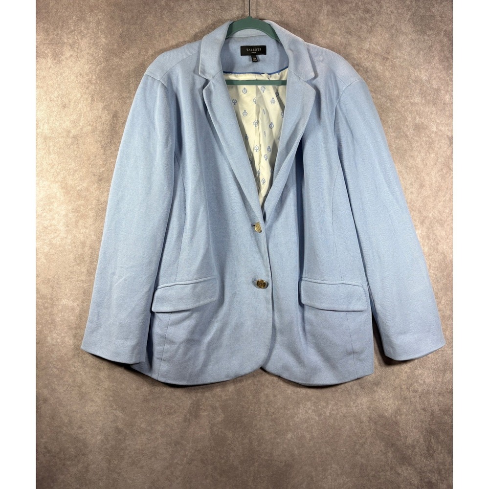 Talbots Blazer Women 22W Light Blue Knit Two Button Crest Nautical Preppy Plus